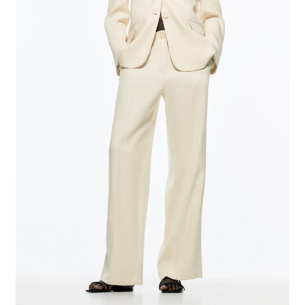 ZARA limited edition linen blend Cream Business Casual pants, wide leg Sz-M
